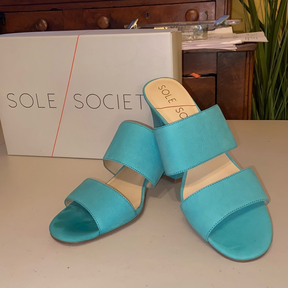 Sole Society Turquoise Blue Slide Sandals with a Block Heel “Helina”